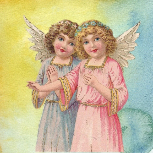 a couple of angels standing next to each other, inspired by Margaret Brundage, shutterstock, scanned 2400 dpi, detail, coloured, h 768