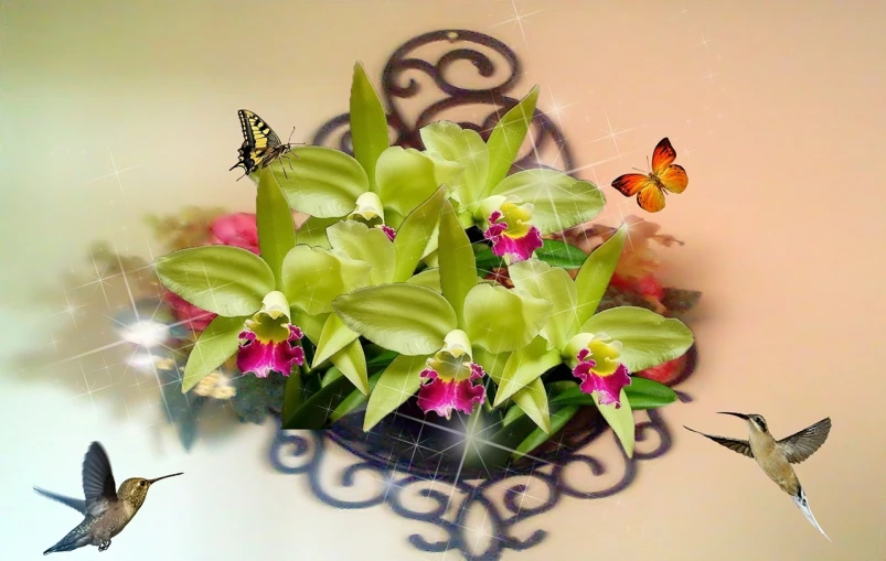 a bunch of flowers sitting on top of a table, a digital rendering, by Shirley Teed, digital art, orchids, green tiara, butterflies and sunrays, snapchat photo