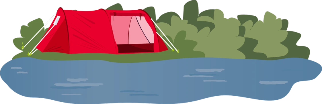 a red tent sitting on top of a lush green field, a sketch, pixabay, of a river, with a roof rack, clip art, swimming