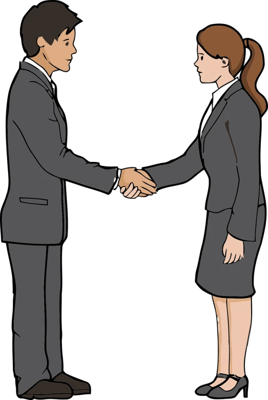 a man and a woman shaking hands, a cartoon, dau-al-set, background ( dark _ smokiness ), business attire, information, area 3