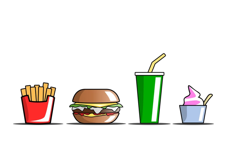 a hamburger, fries and a drink on a black background, an illustration of, shutterstock, sprite sheet, 2 d animation, pictogram, different shapes and sizes