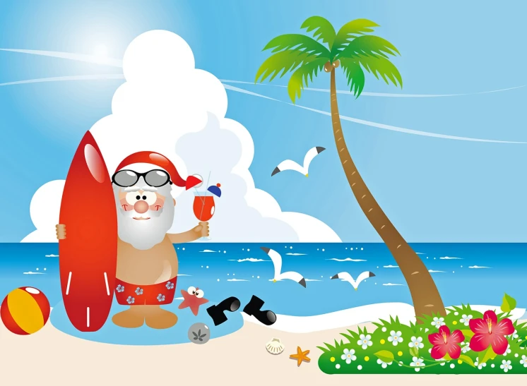 a santa clause on the beach with a surfboard, an illustration of, by Yang Borun, shutterstock, with sunglass, .eps, h 7 0 4, ..'