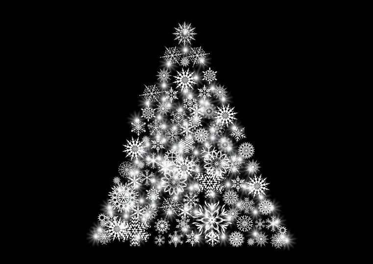 a christmas tree made of snowflakes on a black background, black and white vector, fractal!, july 2 0 1 1, triangle