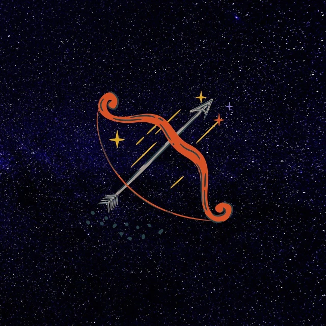 a drawing of a bow and arrow with stars in the background, concept art, featured on pixabay, hurufiyya, taurus zodiac sign symbol, mobile wallpaper, avatar image, dark orange night sky