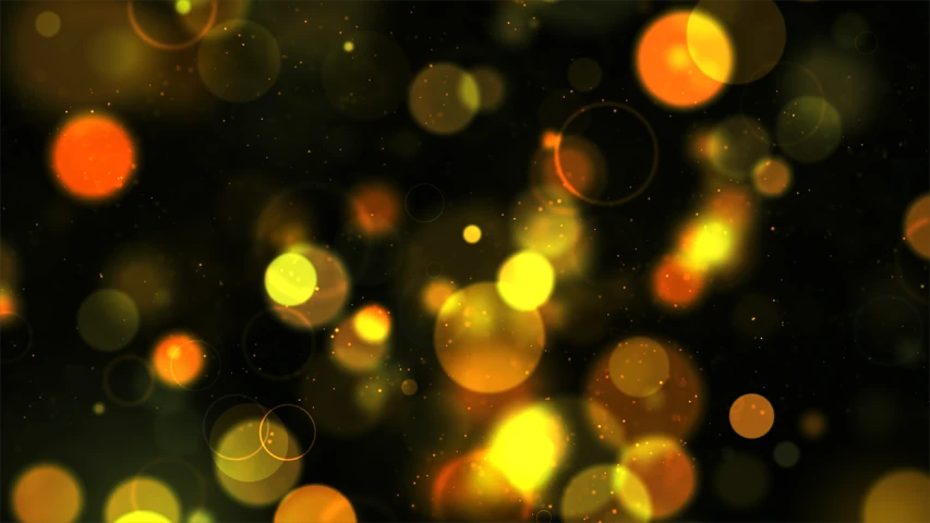 a bunch of lights that are in the dark, flickr, digital art, gold speckles, bubble background, black and orange colour palette, yellow glowing background