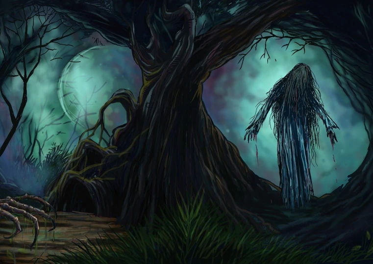 a painting of a creepy looking tree in a forest, deviantart contest winner, fantasy art, alex pardee, very wide shot, ghostly figures, witch hut