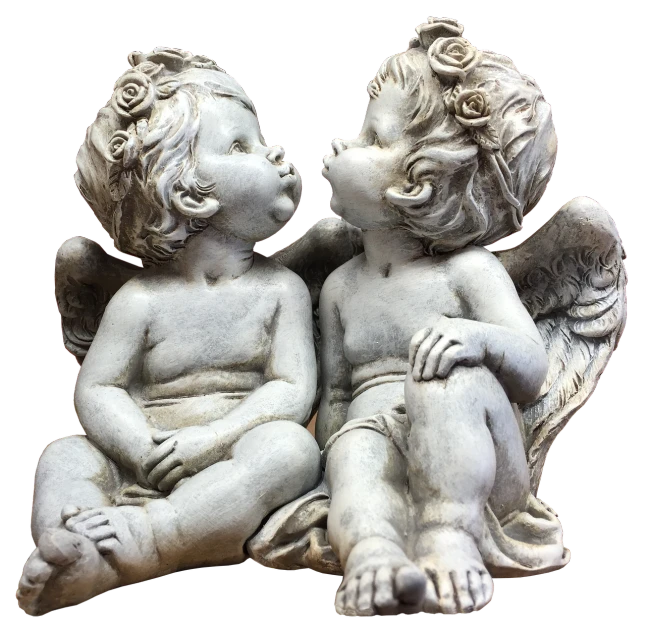 a couple of statues sitting next to each other, by Marie Angel, romanticism, kissing together cutely, cherub, full - view, high detail product photo