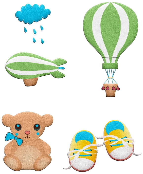 a teddy bear sitting next to a pair of shoes and a hot air balloon, a digital rendering, inspired by Toyen, trending on pixabay, naive art, sprite sheet, on black background, detail shots, children\'s illustration