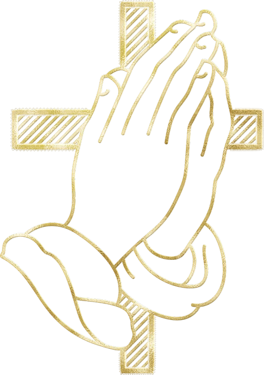 a golden cross with a praying hands on it, black outline, closeup of hand, cad, black