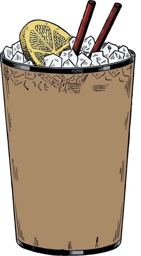 a drink with chopsticks and a lemon in it, a digital rendering, inspired by Al Feldstein, graffiti, ice coffee, dark. no text, color manga panel, cartoon paper coffee cup