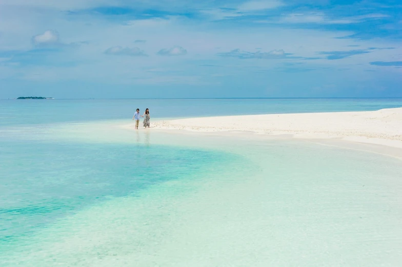 a couple of people standing on top of a sandy beach, tumblr, crystal clear blue water, heaven paradise, salt dunes, tropics