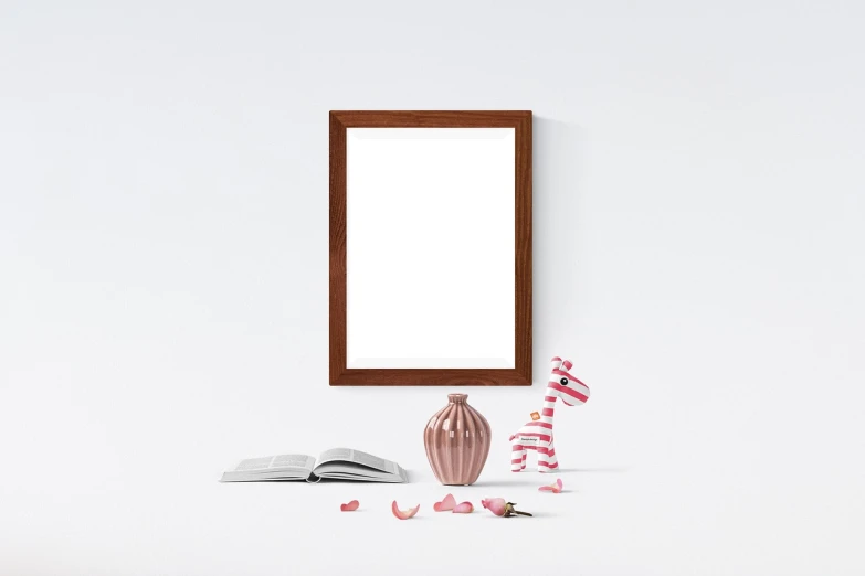 a picture frame sitting on top of a table next to a book, a picture, visual art, white background wall, playful composition, brown and pink color scheme, high resolution product photo