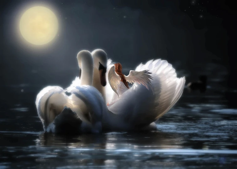 a couple of swans floating on top of a body of water, a picture, inspired by Igor Zenin, at night with moon light, so cute, white feathers, hugs