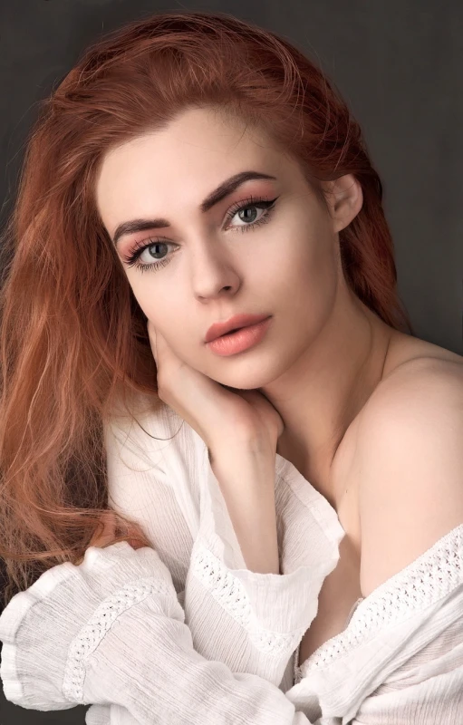 a woman with red hair posing for a picture, a portrait, by Zofia Stryjenska, shutterstock, young beautiful amouranth, 18 years old, angelina stroganova, soft makeup