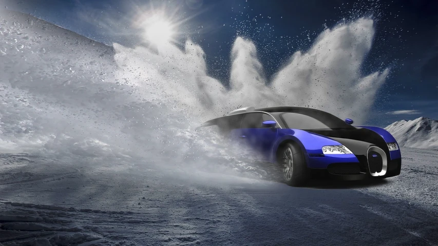 a blue and black buggy driving through snow, by Fabien Charuau, conceptual art, bugatti veyron, water manipulation photoshop, wallpaper mobile, sleek waterproof design