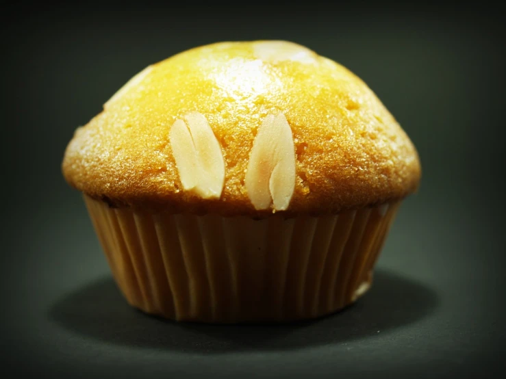 a muffin with almonds on top of it, by Bernardino Mei, mingei, bakemonogatari, hard lighting!, gelbooru, technical