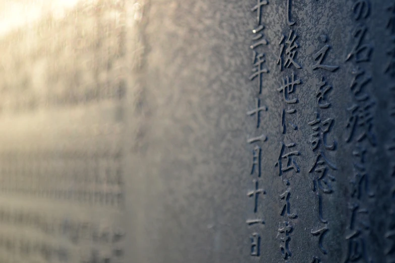 a close up of a wall with writing on it, inspired by Li Di, unsplash, tombstone, translucent material, song nan li, embossed