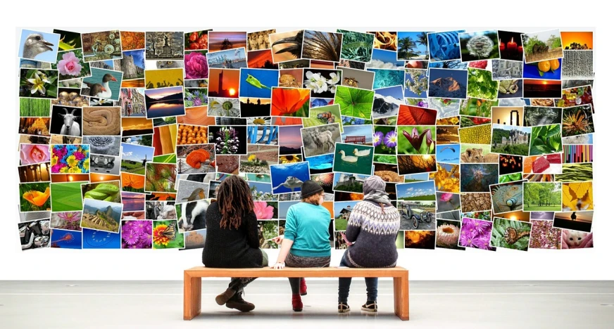 a couple of people that are sitting on a bench, a picture, visual art, photo collage, colorful ideas, gallery display photograph, monitor