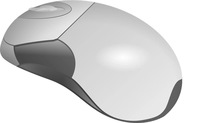 a computer mouse sitting on top of a white surface, a raytraced image, inspired by Kōno Michisei, pixabay, computer art, gradient white to silver, black and white vector, gadget hackwrench, left hand