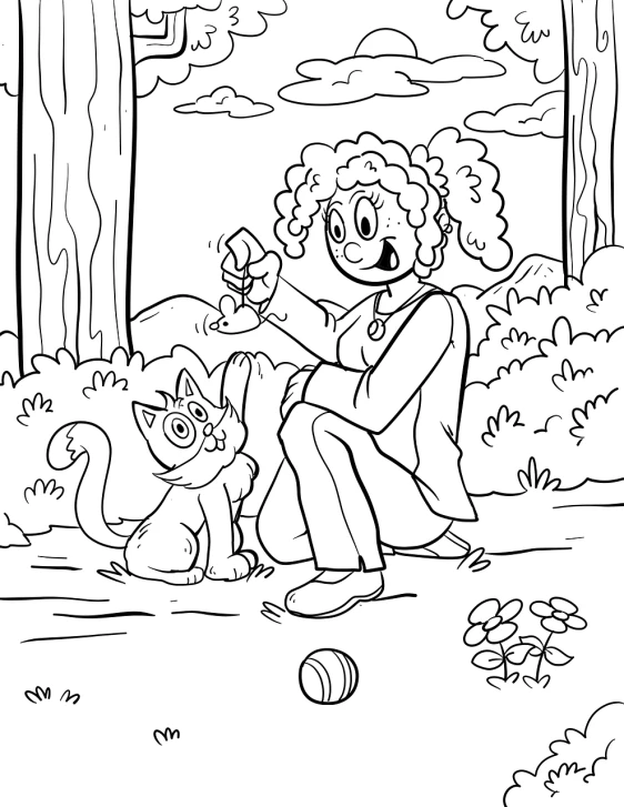 a black and white drawing of a woman playing with a dog, lineart, inspired by Stan and Jan Berenstain, cat in the forest, curly haired, colorful kids book illustration, mascot illustration