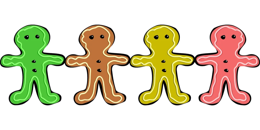 a group of ginger men standing next to each other, an illustration of, on a flat color black background, cookies, 2 colors, colorful illustration