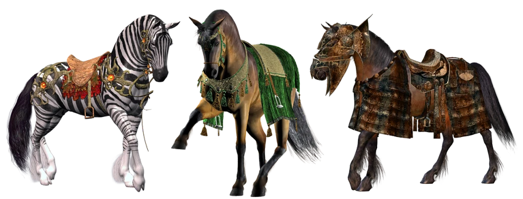 a group of three horses standing next to each other, featured on zbrush central, renaissance, ornate dark green clothing, tattered cloth robes, super detail of each object, hd photorealistic image