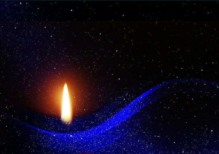 a candle that is lit in the dark, a digital rendering, inspired by Slava Raškaj, flickr, space art, falling star on the background, blue flame, andromeda, star(sky) starry_sky