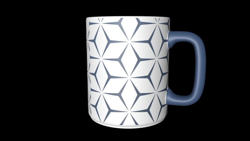 a blue and white coffee mug sitting on top of a table, a raytraced image, inspired by Slava Raškaj, trending on polycount, op art, geodesic, isometric view from behind, stars, 3 d metallic ceramic