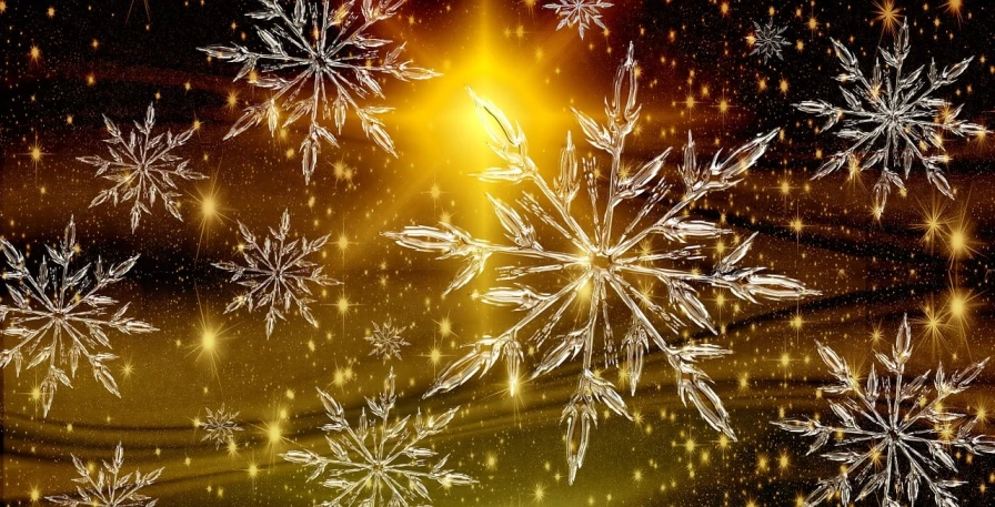 a bunch of snowflakes that are in the air, by Eugeniusz Zak, trending on pixabay, digital art, gilded gold and diamonds, crystallic sunflowers, glass - reflecting - stars, glowing amber