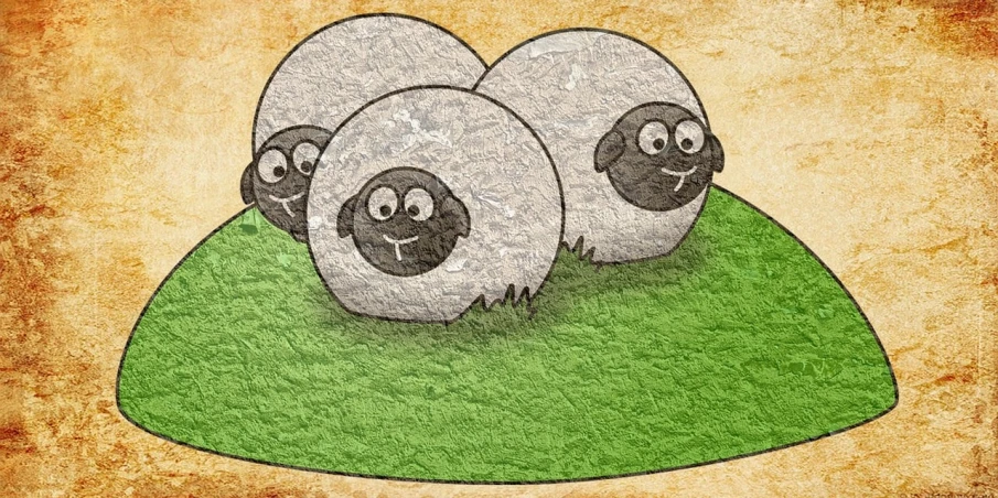 a couple of sheep sitting on top of a green field, a digital rendering, by Maksimilijan Vanka, precisionism, round and well-drawn eyes, on old paper, istockphoto, three animals