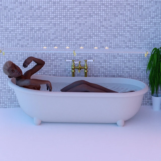 a woman sitting in a bathtub next to a potted plant, a 3D render, inspired by Candido Bido, conceptual art, man is with black skin, relaxing after a hard day, 4 0 9 6, very very very realistic