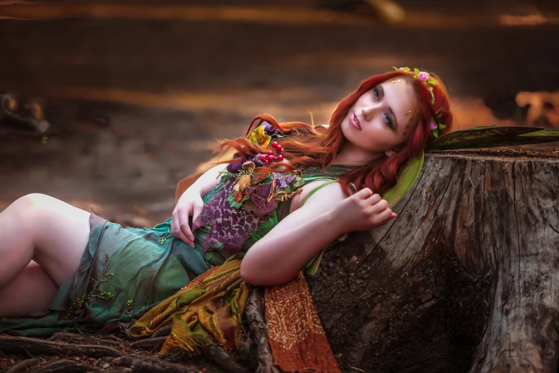 a beautiful woman laying on top of a tree stump, a portrait, inspired by Arthur Hughes, cgsociety contest winner, colorful clothes, complex redhead braided hair, patchwork doll, (((mad))) elf princess