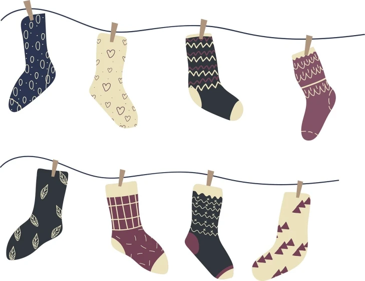 a line of socks hanging on a clothes line, a cartoon, by Ayako Rokkaku, shutterstock, folk art, complex pattern, winter vibes, collection product, on white