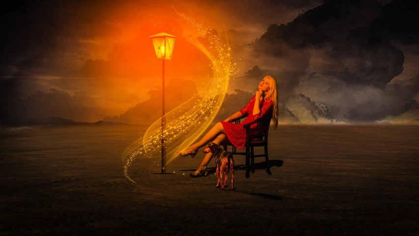 a woman in a red dress sitting in a chair, digital art, inspired by Tom Chambers, pixabay contest winner, fantasy art, with orange street lights, with magical creatures, high quality fantasy stock photo, wisps of energy in the air