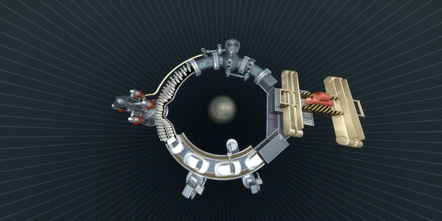 a close up of a train on a train track, inspired by Peter Elson, polycount contest winner, bauhaus, planet with rings, hollow earth infographic, 360 degree view, working inside reactor room