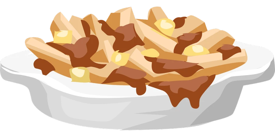 a bowl filled with fries sitting on top of a table, inspired by Pia Fries, pixabay, digital art, brown gravy, chilaquiles, no background, pony