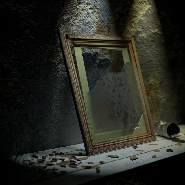 a picture frame sitting on top of a table, a photorealistic painting, inspired by Jan Lievens, polycount contest winner, conceptual art, broken glass photo, in a old house. hyper realistic, dirty mirror, portait photo