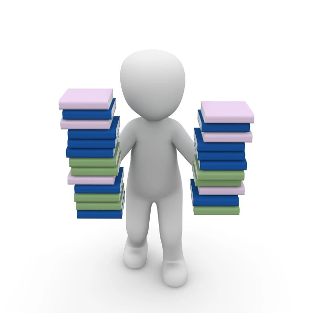 a person standing in front of a stack of books, a picture, figuration libre, 3 d character, detailed information, 2 people, school curriculum expert