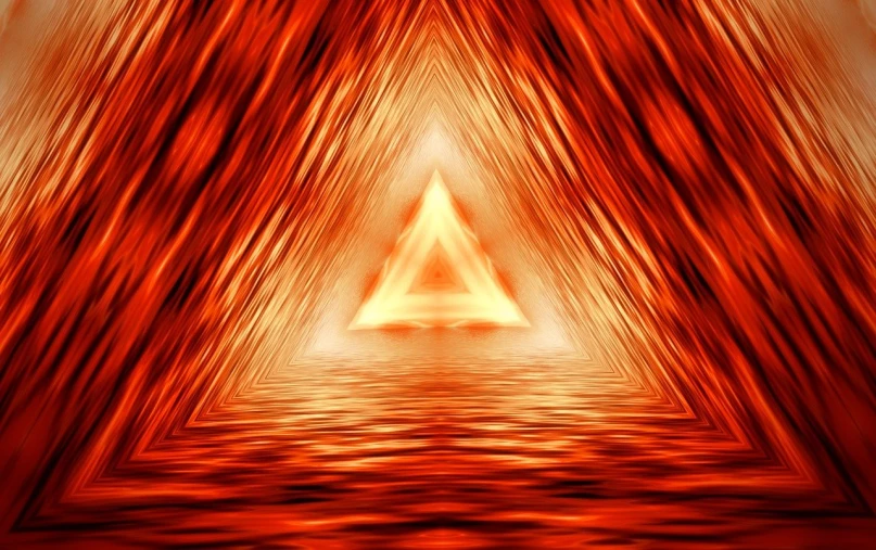 an abstract image of an orange triangle, digital art, abstract illusionism, light at the end of the tunnel, fire and water, tribal red atmosphere, open shiny floor
