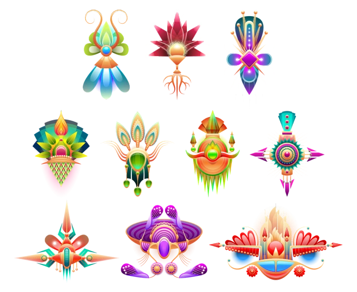 a bunch of different colored objects on a black background, vector art, inspired by Adolf Wölfli, psychedelic art, intricate futuristic led jewelry, digital art emoji collection, flower elements, a beautiful artwork illustration