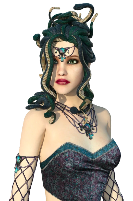 a close up of a person wearing a costume, a character portrait, inspired by E. Charlton Fortune, zbrush central contest winner, fantasy art, art nouveau lilith, emerald tiara and necklace, high resolution render, snake woman hybrid