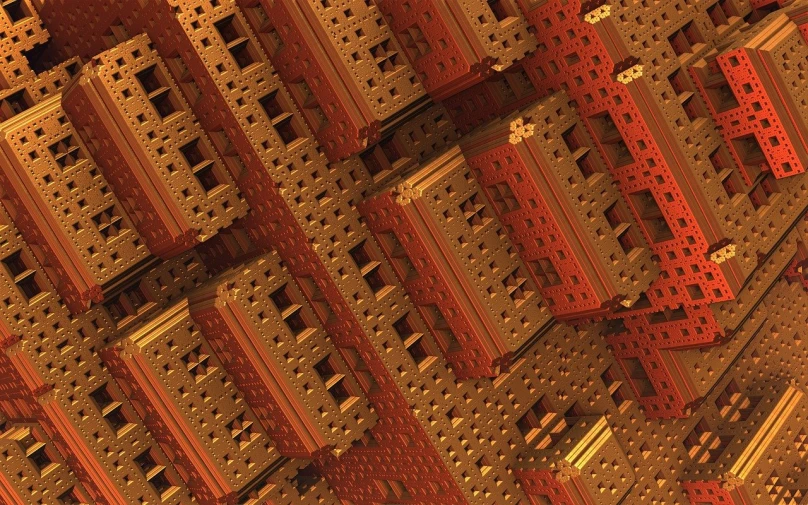 a bunch of bricks stacked on top of each other, by Artur Tarnowski, cg society contest winner, digital art, gold fractal details, red building, cellular automata, colorful ancient egyptian city