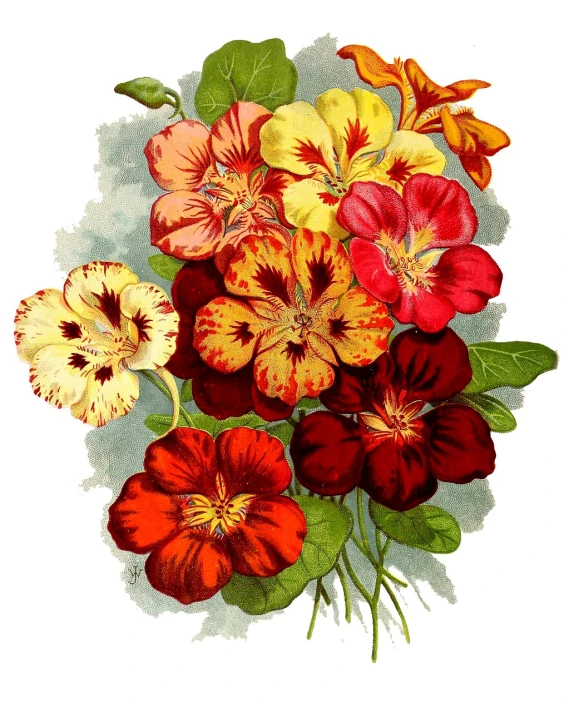 a bunch of flowers sitting on top of a white surface, an illustration of, inspired by L. Alcopley, shutterstock, romanticism, dark oranges reds and yellows, 1900 illustration artwork, vintage - w 1 0 2 4, hibiscus