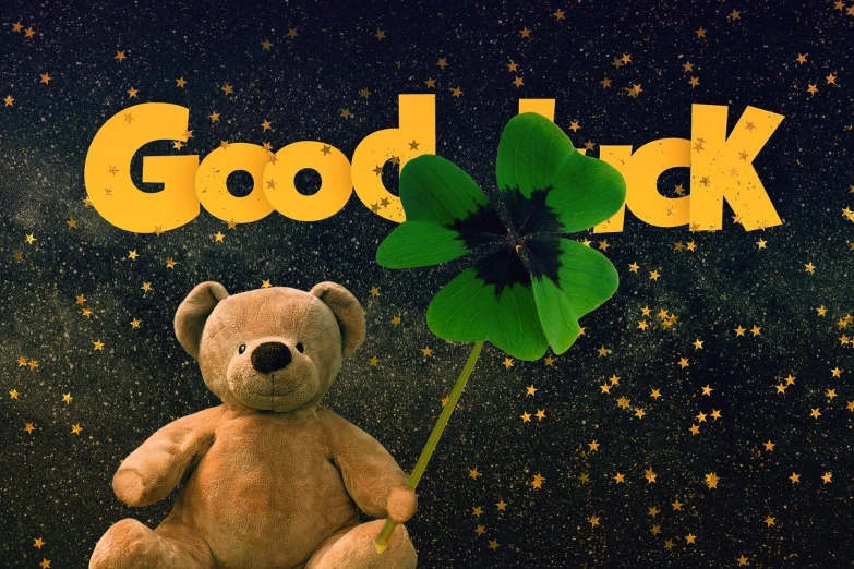 a teddy bear holding a four leaf clover, a stock photo, by Julia Pishtar, trending on pixabay, digital art, goodnight, love death and robots, background is made of stars, good at cards