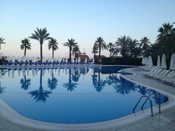 a swimming pool surrounded by lounge chairs and palm trees, by Daniel Taylor, happening, in the early morning, mediterranean beach background, mid shot photo