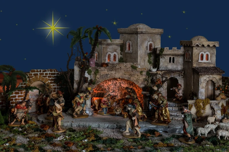 a nativity scene of the birth of jesus, inspired by Ludwig Knaus, pixabay, realism, highly detailed toy, castle setting, kneeling!!, star