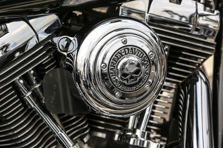 a close up of a motorcycle engine with a skull on it, by Dave Melvin, stock, harley davidson motorbike, smooth shiny metal, 4 0 9 6