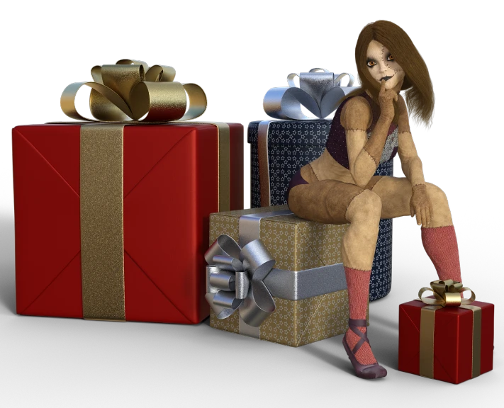 a woman sitting on a pile of presents, a 3D render, inspired by Alison Kinnaird, zbrush central contest winner, from half-life 2, looking this way, tanny skin, tifa