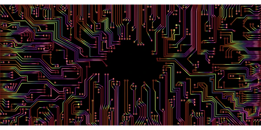 a close up of a computer circuit board, a digital rendering, by Andrei Kolkoutine, shutterstock, computer art, on a flat color black background, multicolored vector art, vivid lines, isolated on white background