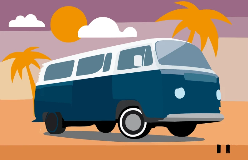 a blue and white bus with palm trees in the background, vector art, inspired by Emiliano Ponzi, shutterstock, 7 0 s colors, full car, on the desert, rotoscoped